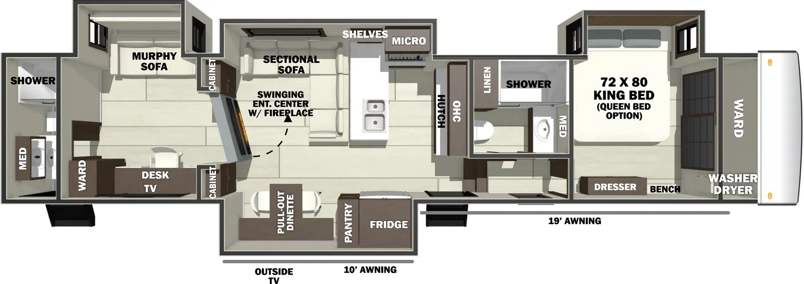 The RIVERSTONE 44DBL floorplan has two entries and four slide outs. Exterior features include: fiberglass exterior and 10' & 19' awning. Interiors features include: free-standing dinette option, front bedroom, murphy bed, rear bathroom and two full bathrooms.